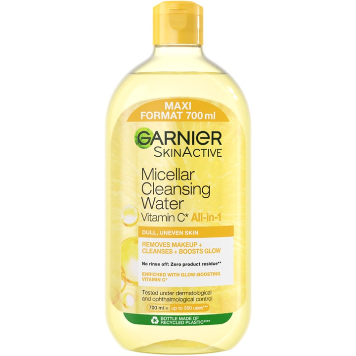 Garnier SkinActive Micellar Cleansing Water Vitamin C 700 ml glødgivende rensevann i stor klar plastflaske med gult lokk