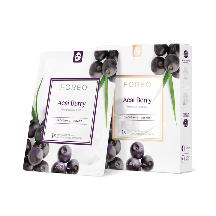 Foreo Acai Berry Smoothing 3x20g glattende ansiktsmaske i hvit forpakning med lilla acaibær og grønne blader
