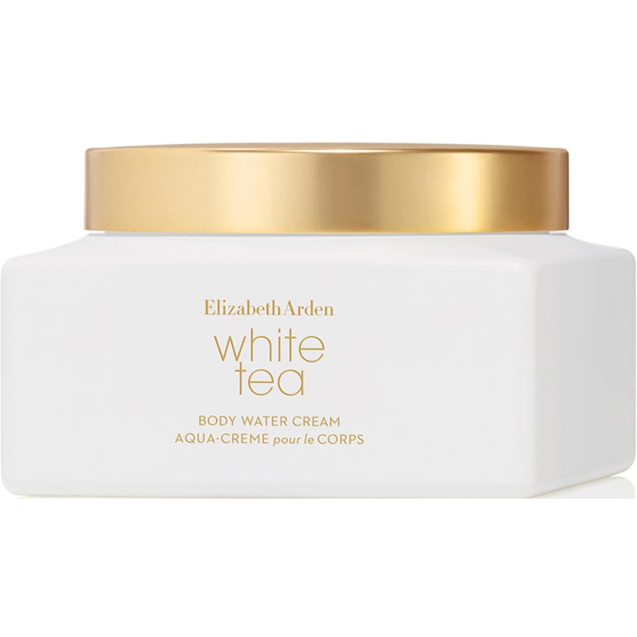 Elizabeth Arden White Tea Body Water Cream fuktighetsgivende kroppskrem i hvit firkantet krukke med gullfarget lokk.