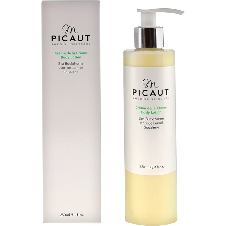 M Picaut Crème De La Crème Bodylotion 250 ml nærende kroppspleie med tindved og squalene i hvit pumpeflaske og eske.