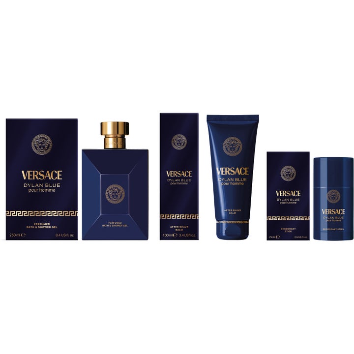 Versace Dylan Blue Pour Homme 75 ml deostick og hudpleiesett i dyp blå emballasje med ikoniske gulldetaljer