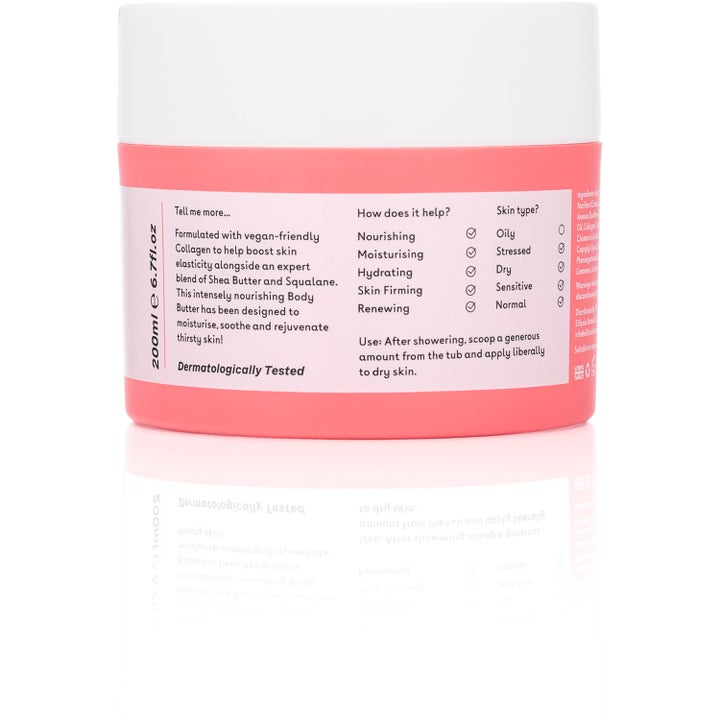 Q+A Collagen Body Butter 200 ml nærende kroppskrem i krukke med tekst om vegansk kollagen og squalane.