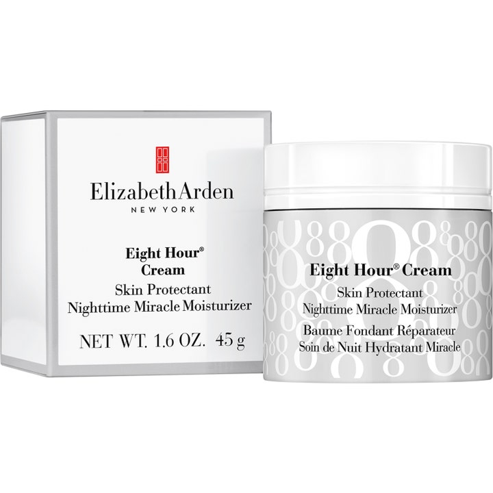 Elizabeth Arden Eight Hour Cream Nighttime Miracle Moisturizer 45 g nattkrem i hvit krukke med sølvmønster og eske