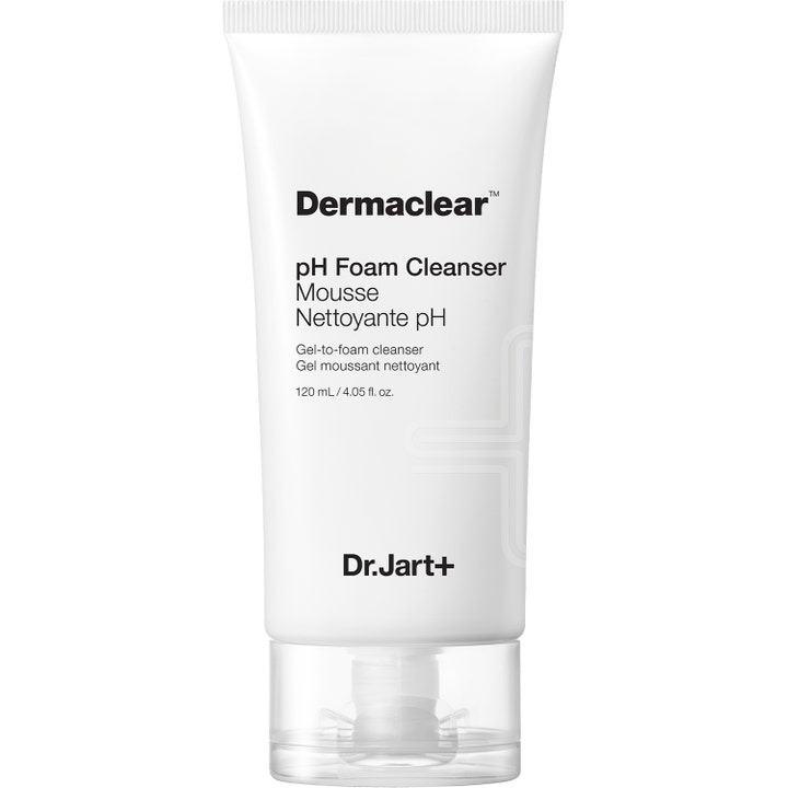 Dr. Jart+ Dermaclear pH Foam Cleanser 120 ml pH-balanserende ansiktsrens i hvit tube med gjennomsiktig kork.
