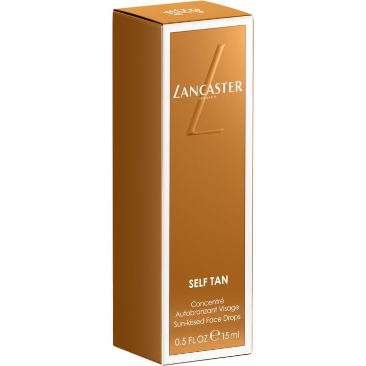 Lancaster Self Tan Face Drops 15 ml brun uten sol gir solkysset glød i en bronsefarget eske med hvit kant