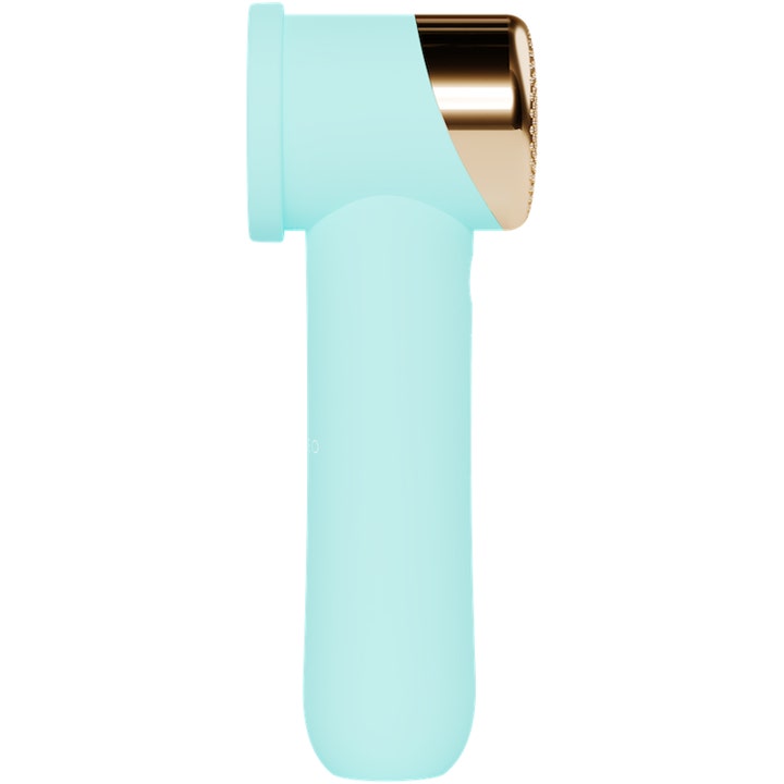 FOREO PEACH 2 go Arctic Blue 1 stk IPL hårfjerning lyseblå håndholdt enhet med gulldetaljer sett fra siden
