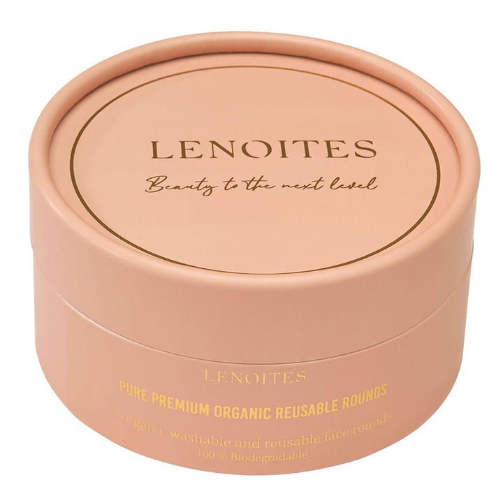 Lenoites Pure Premium Organic Reusable Rounds 5 stk gjenbrukbare pads for ansiktsrens i en rund ferskenfarget eske.