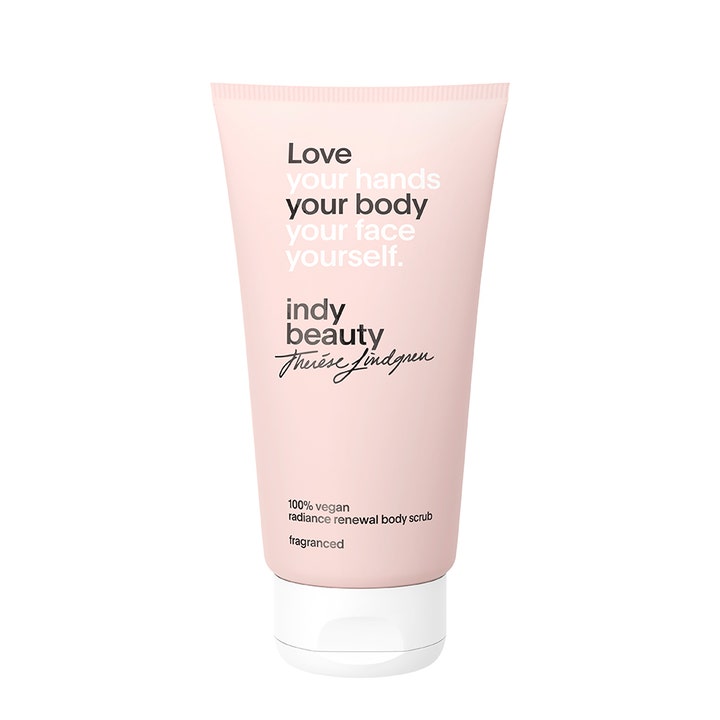 Indy Beauty Radiance Renewal Body Scrub 200 ml eksfolierende kroppsskrubb som gir glød i lyserosa tube med hvitt lokk