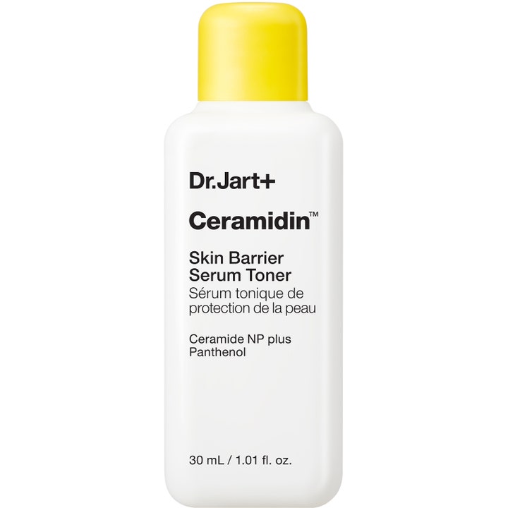 Dr.Jart+ Ceramidin Skin Barrier Serum Toner 30 ml styrker hudbarrieren i hvit plastflaske med gult lokk