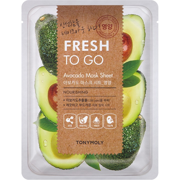 TONYMOLY Fresh To Go Avocado Mask Sheet 1 stk nærende ansiktsmaske i klar pose dekorert med brun etikett og ferske avokadoer
