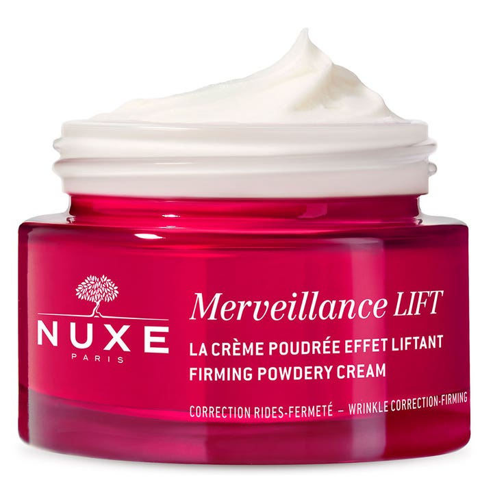 Nuxe Merveillance LIFT 50 ml oppstrammende dagkrem i rød glasskrukke som viser den hvite pudderaktige teksturen.