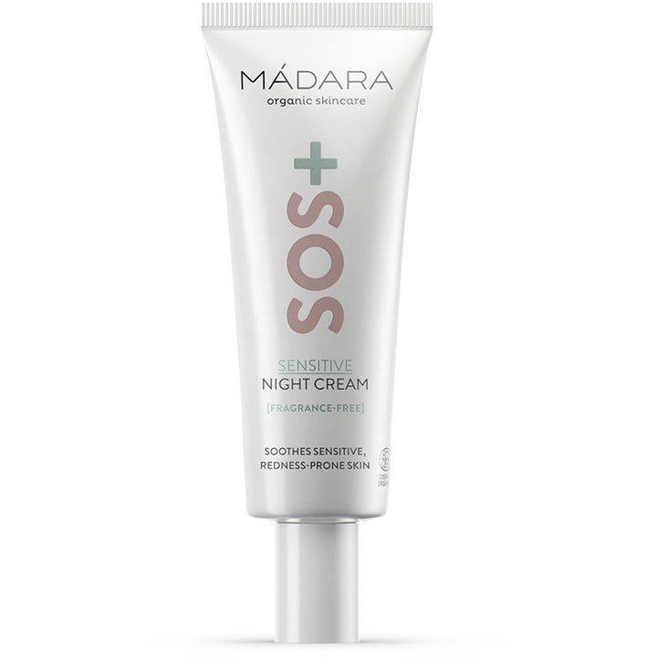 Mádara SOS+ Sensitive Night Cream beroligende nattkrem i hvit tube med milde rosa og grønne detaljer