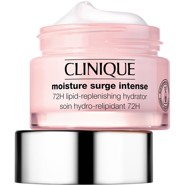 Clinique Moisture Surge Intense 100 ml fuktighetskrem i åpen rosa krukke med hvit tekstur og sølvlokk.
