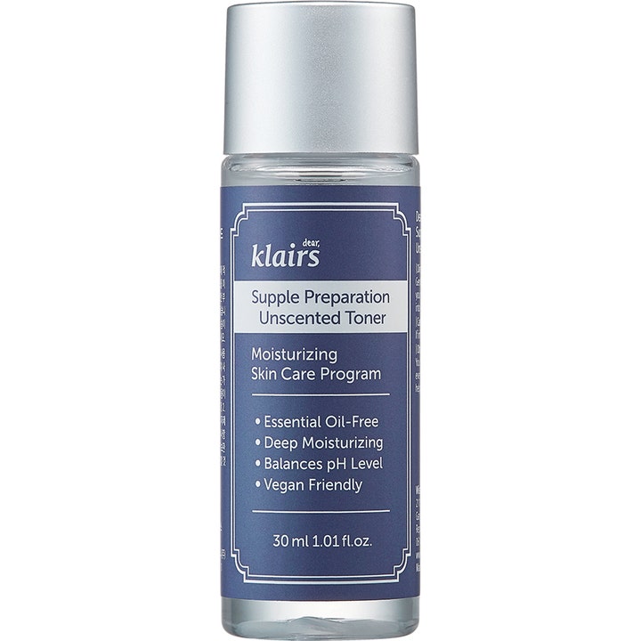 Klairs Supple Preparation Unscented Toner 30 ml fuktighetsgivende toner i klar flaske med blå etikett og sølvfarget kork