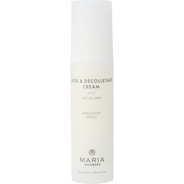 Maria Åkerberg Neck & Décolletage Cream for moden hud i hvit pumpeflaske som gir fukt med bakuchiol og neroli.