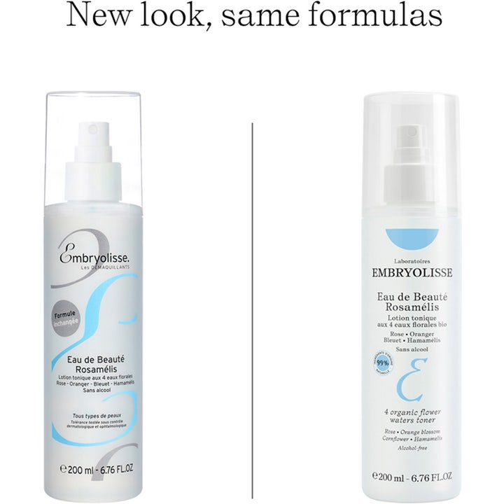 Embryolisse Eau de Beauté Rosamélis 200 ml toner som viser gammelt og nytt flaskedesign med spraykork.