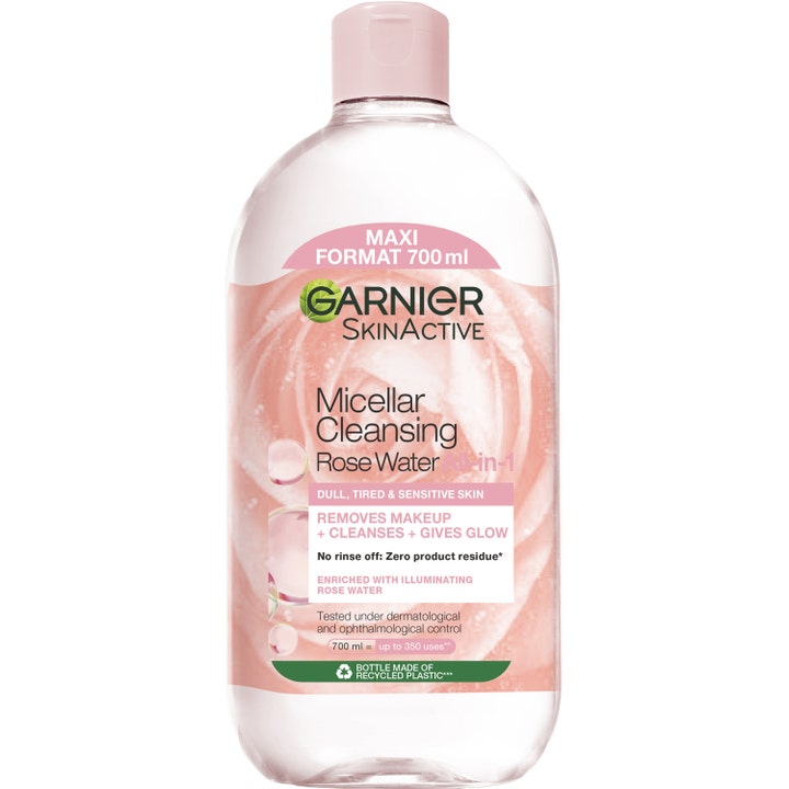 Garnier SkinActive Micellar Rose Water 700 ml glødgivende ansiktsrens i stor plastflaske med rosa kork