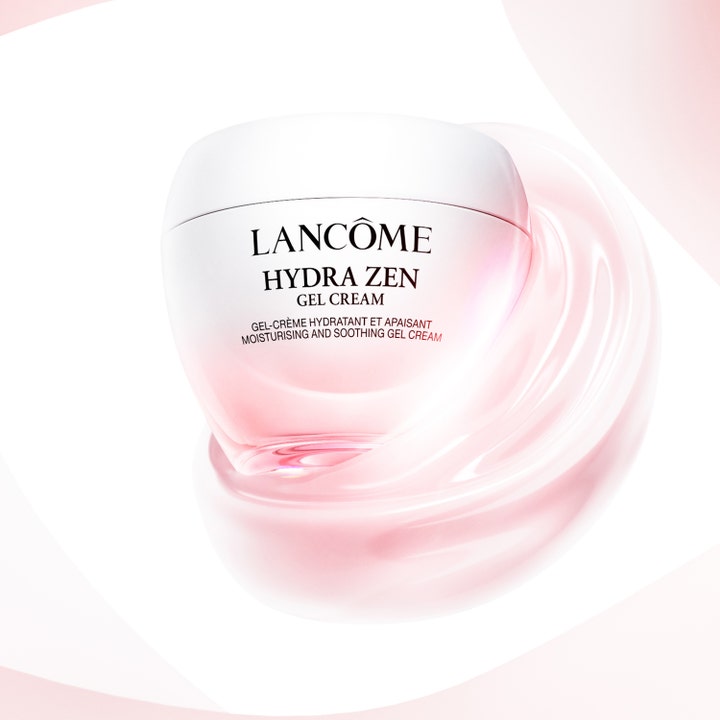 Lancôme Hydra Zen Gel Cream 30 ml beroligende ansiktskrem i rosa glasskrukke omgitt av en glansfull geltekstur.