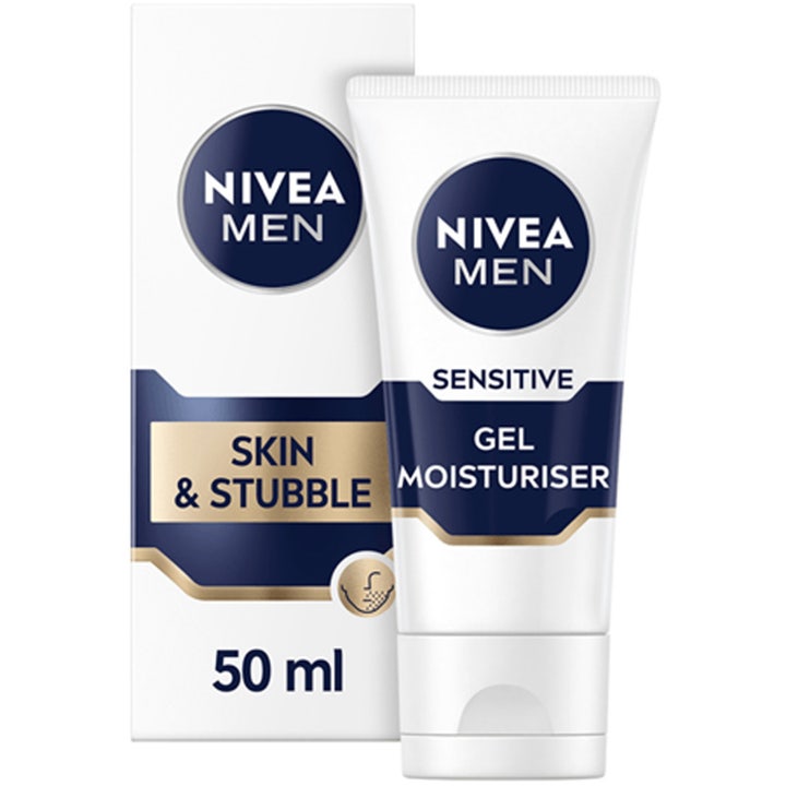 Nivea Men Sensitive Skin & Stubble Gel Moisturiser 50 ml fuktighetskrem i hvit tube og eske med blå detaljer