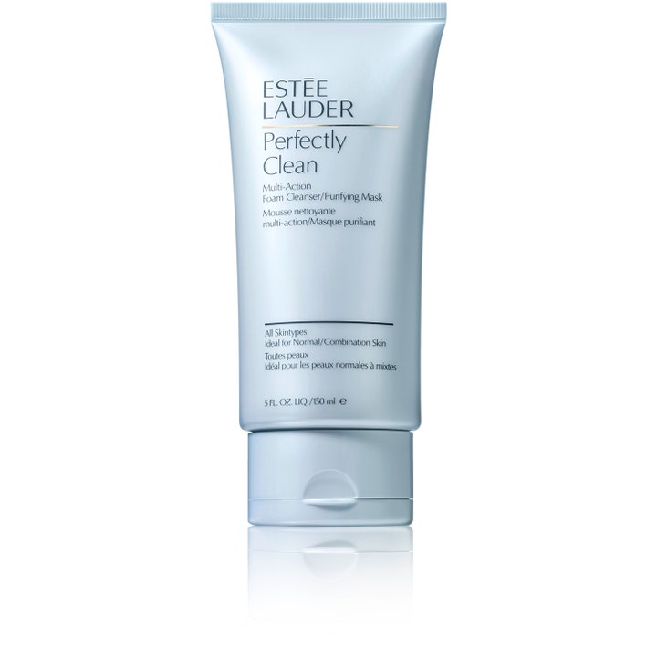 Estée Lauder Perfectly Clean 150 ml renseskum og ansiktsmaske i en lyseblå tube som gir ren hud