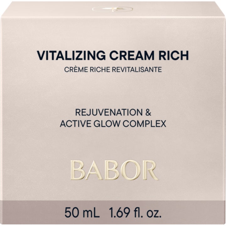 Babor Vitalizing Cream Rich 50 ml ansiktskrem som gir glød til trett hud i hvit eske med gulldetaljer.