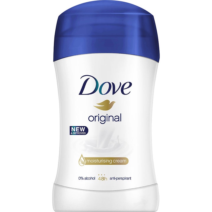 Dove Original Anti-perspirant Stick pleiende deodorant med fuktighetskrem i hvit innpakning med blått lokk