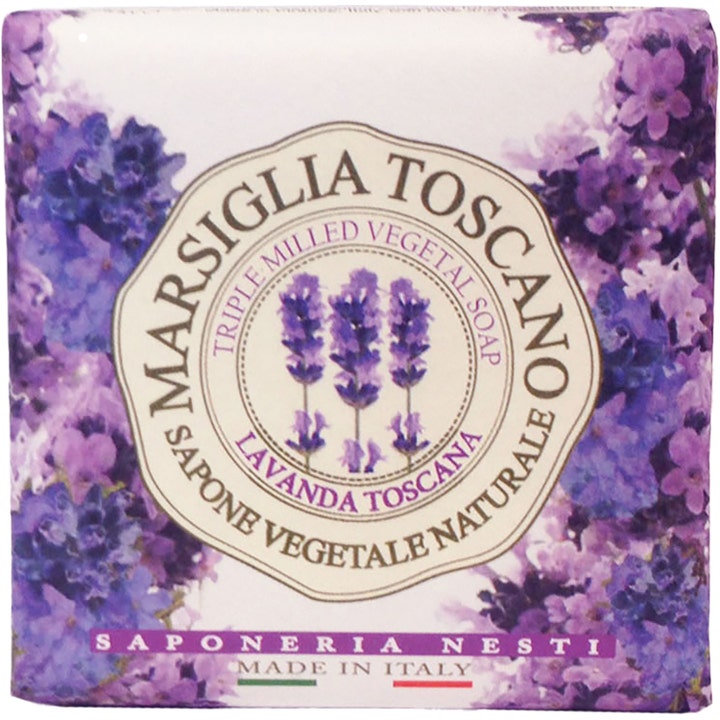 Nesti Dante Marsiglia Toscano Lavanda fast såpe med beroligende lavendel i papir med lilla blomstermotiv