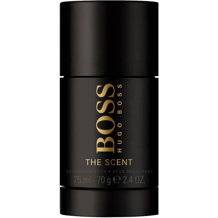Hugo Boss The Scent 75 ml deodorant stick mot svettelukt i en stilren svart sylinder med vertikal logo i gull