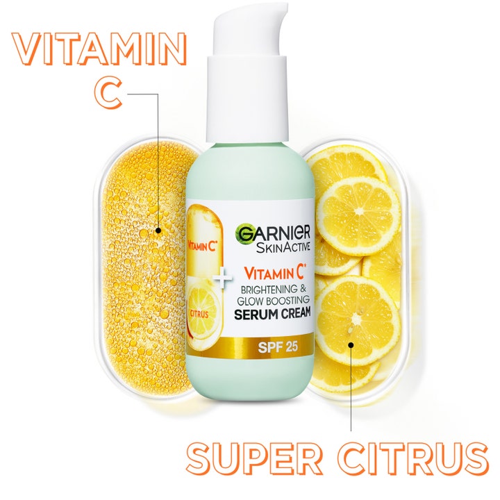 Garnier Skin Active Vitamin C 50 ml serumkrem gir huden glød og vises med friske sitronskiver og SPF 25.