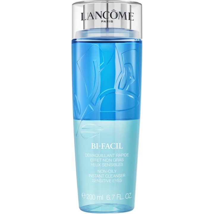 Lancôme Bi-Facil 200 ml sminkefjerner gir skånsom rens for sensitive øyne i blå tofaset flaske med preget rose.