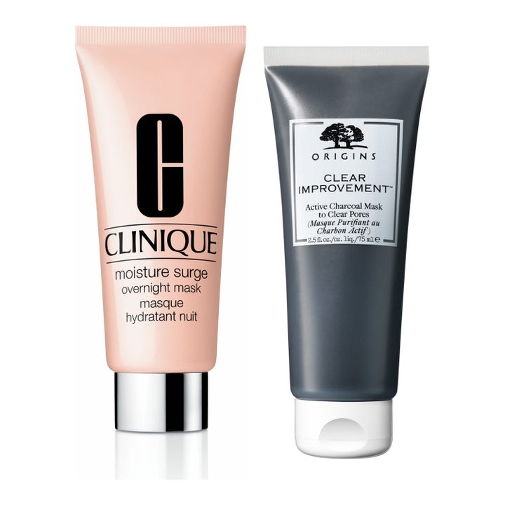 Clinique og Origins 75ml ansiktsmasker i ferskenfarget og grå tube som gir fuktighet og dyprenser huden med aktivt kull.