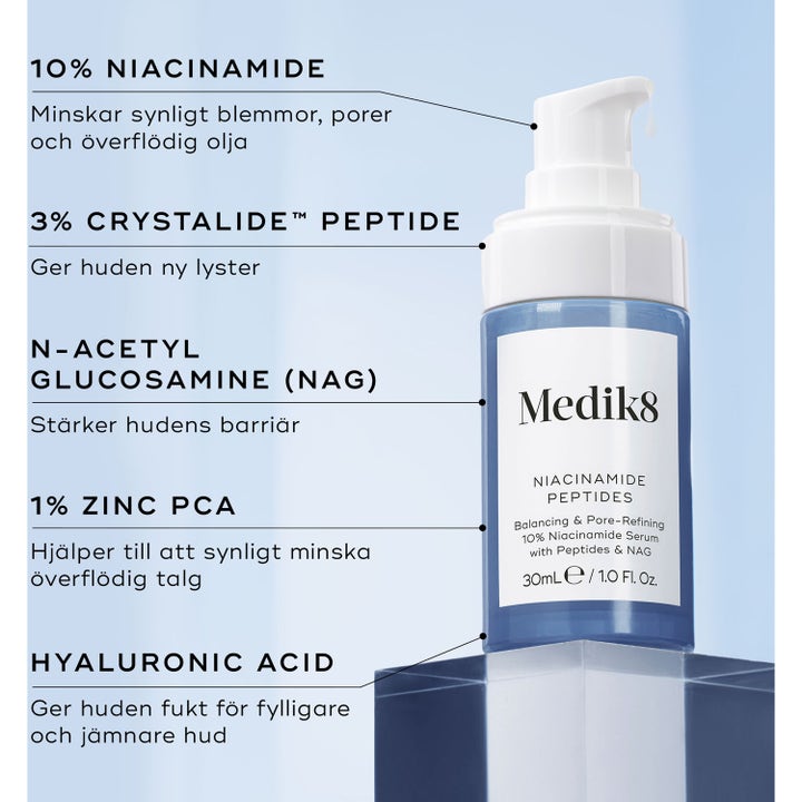 Medik8 Niacinamide Peptides 30 ml toner gir ny lyster med 10% niacinamid i en blå flaske med hvit pumpe.