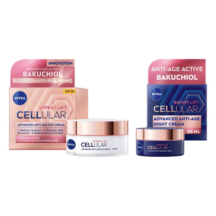 Nivea Cellular Expert Lift 50 ml anti-age sett med bakuchiol i hvite og blå krukker med elegante rosegullfargede lokk