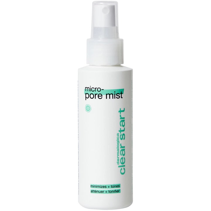 Dermalogica Clear Start Micro-Pore Mist ansiktsspray minsker porer i hvit plastflaske med turkis tekst og spraytopp.