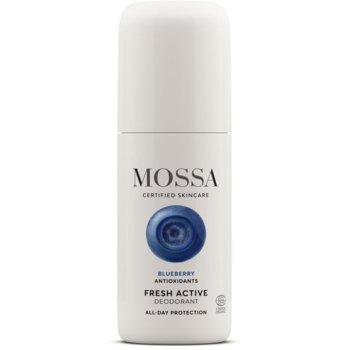 Mossa Fresh Active Deodorant 50 ml beskyttende deodorant med antioksidanter i hvit beholder med blåbærmotiv
