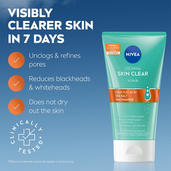 NIVEA Derma Skin Clear Scrub 150 ml ansiktsskrubb med salisylsyre og niacinamid i en grønn tube
