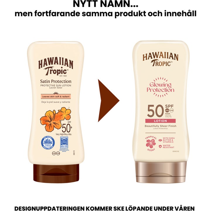 Hawaiian Tropic Glowing Protection Lotion SPF50+ 170 ml solkrem som viser gammelt og nytt forpakningsdesign