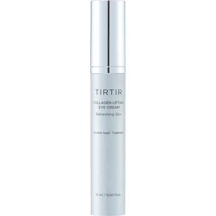 TIRTIR Collagen Lifting Eye Cream 15 ml oppstrammende øyekrem i slank lys blå flaske med skinnende sølvkork.