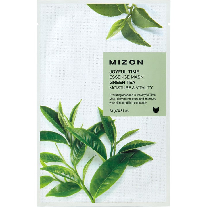 Mizon Joyful Time Essence Mask Green Tea 23 g gir fuktighet og vitalitet i hvit sachet med grønne teblader