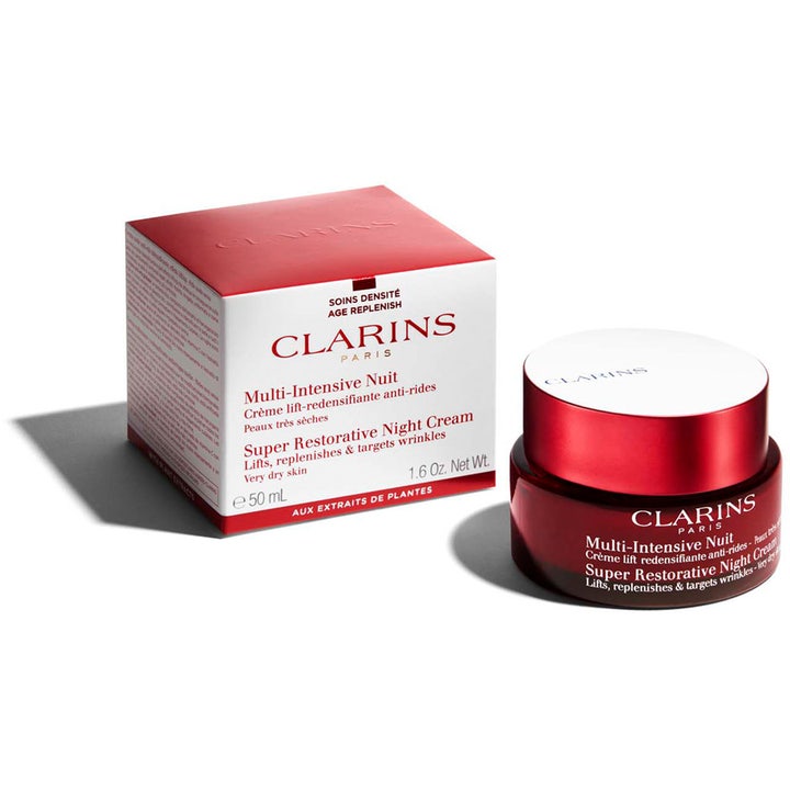 Clarins Super Restorative Night Cream 50 ml nattkrem for tørr hud i rød glasskrukke med hvit og rød eske.