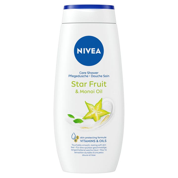 Nivea Star Fruit & Monoi Oil dusjsåpe gir fuktighet i hvit plastflaske med blå kork og dekorativ stjernefrukt.