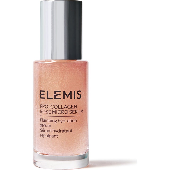 Elemis Pro-Collagen Rose Micro Serum 30 ml plumping hydration serum i glassflaske med sølvkork og rosa mikrodåper