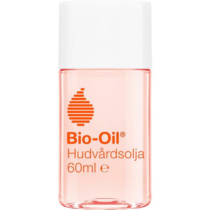 Bio-Oil Skincare Oil 60 ml pleiende hudolje i gjennomsiktig plastflaske med hvit kork og rosa væske.
