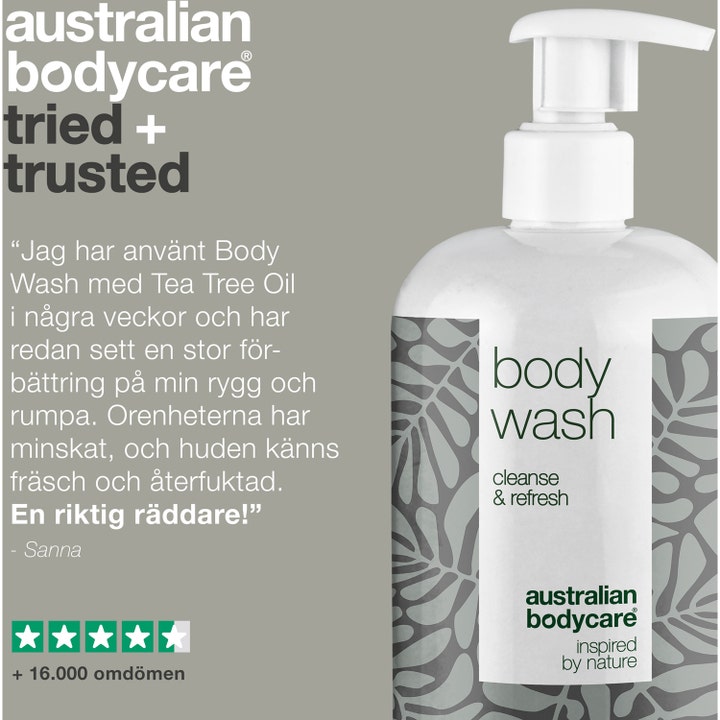 Australian Bodycare Body Wash 500 ml rensende dusjsåpe med Tea Tree Oil i hvit pumpeflaske med kundeanmeldelse.