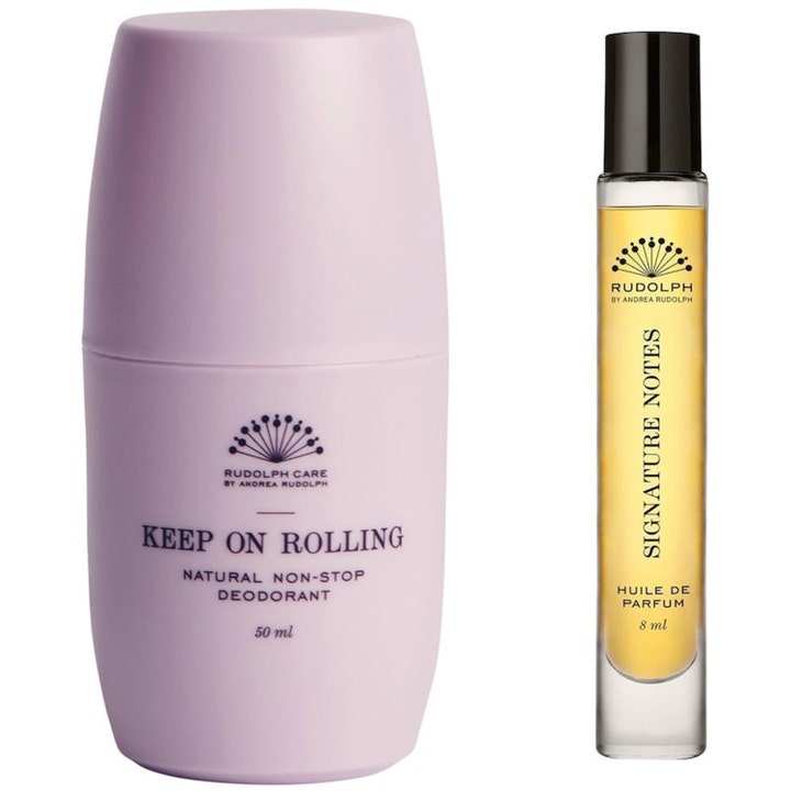 Rudolph Care Keep On Rolling 50 ml og Signature Notes 8 ml parfymeolje i lilla beholder og glassflaske med gyllen olje