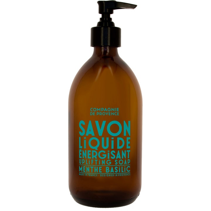 Compagnie de Provence Savon Liquide Energisant flytende såpe i brun glassflaske med turkis tekst og sort pumpe