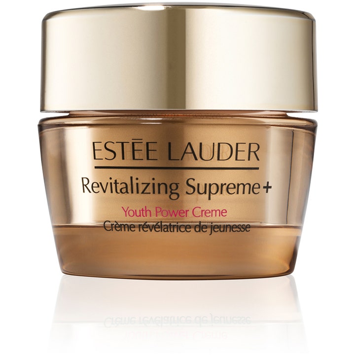 Estée Lauder Revitalizing Supreme+ Youth Power Creme oppstrammende ansiktskrem i gullfarget glasskrukke med gullokk.