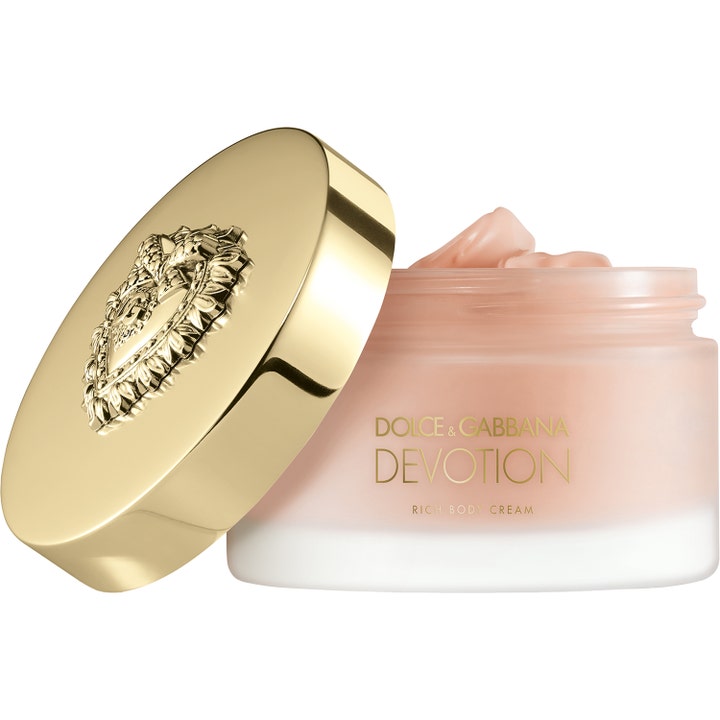 Dolce & Gabbana Devotion Body Cream 180 ml rik kroppskrem i frostet krukke med lyserosa krem og dekorativt gullokk