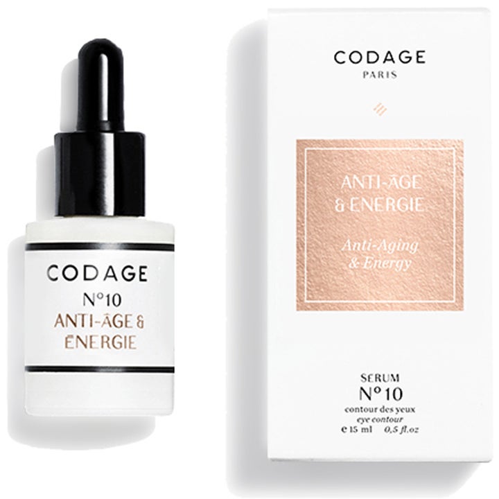 Codage N°10 Anti-Age & Energie 15 ml øyenserum som gir glød i hvit glassflaske med svart pipette og rosegull eske