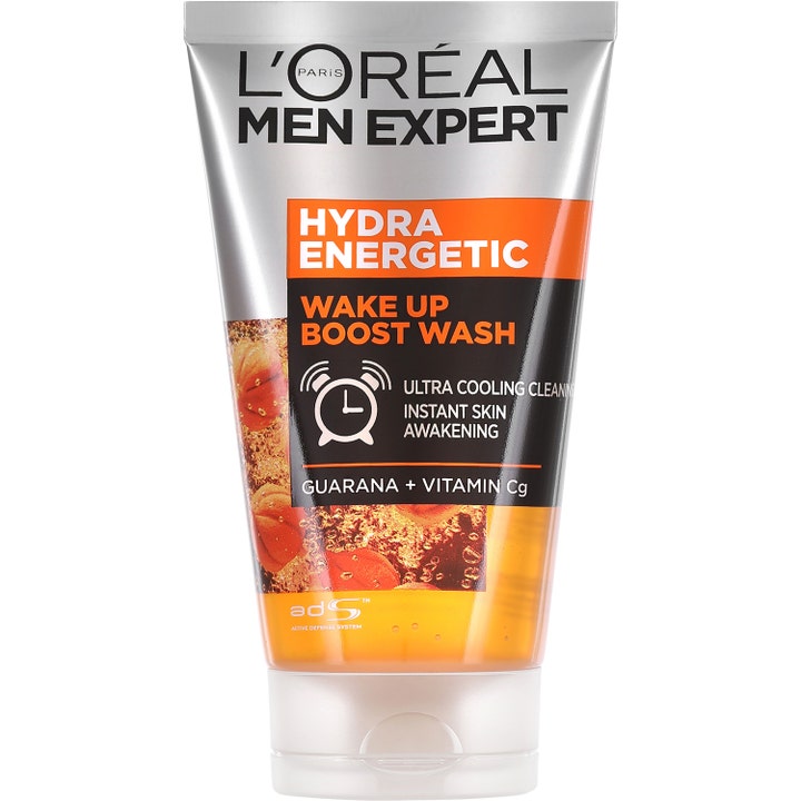 L'Oréal Men Expert Hydra Energetic Wake Up Boost Wash 100 ml ansiktsrens i sølvfarget tube med oransje detaljer